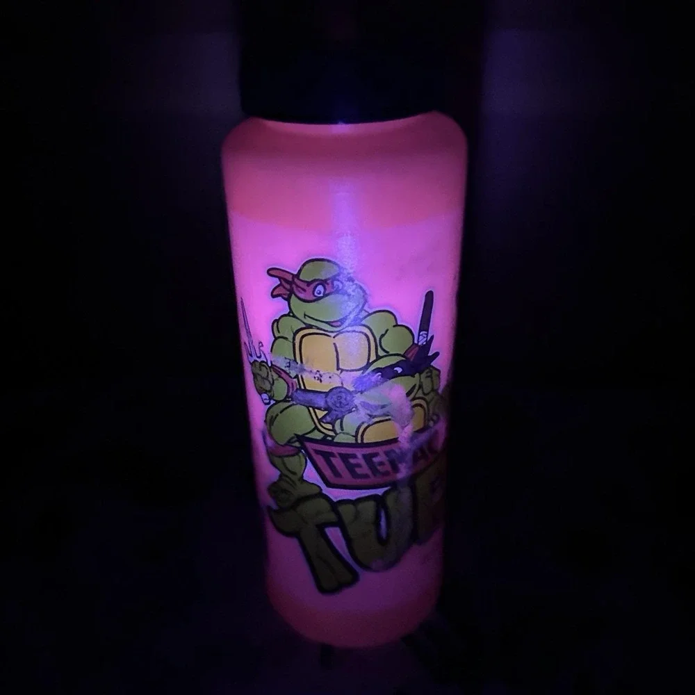 VTG 80s TMNT Teenage Mutant Ninja Turtles Water Bottle Straw Cap Pink Retro GLOW